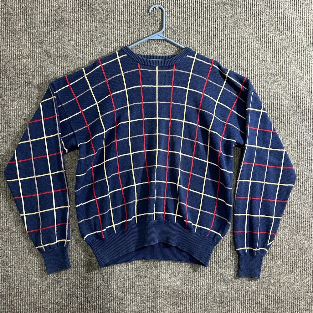 Orvis Mens Knitted Sweater Size Large Blue Multicolor Check Cotton Crew Neck